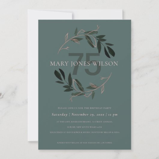 緑のピンクの葉のリース任意の年齢75誕生日カード サンキューカード (正面)