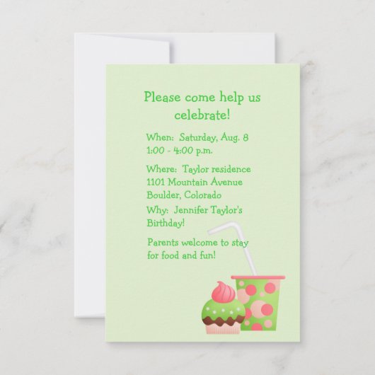 緑のピンクの誕生日はパーティの招待状を風船のようにふくらませます 招待状 (裏面)