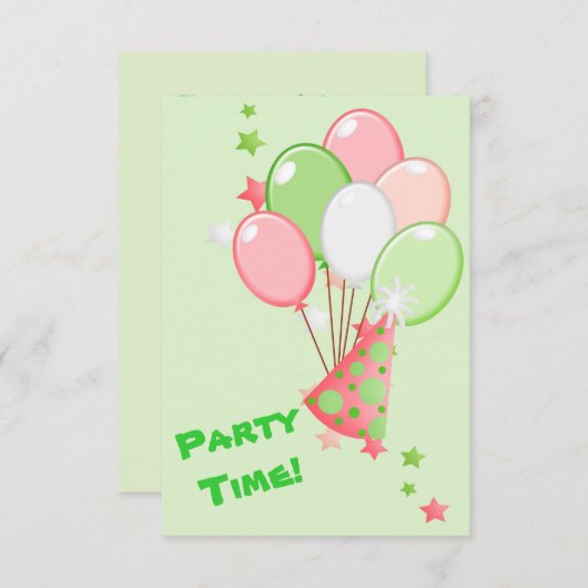 緑のピンクの誕生日はパーティの招待状を風船のようにふくらませます 招待状 (正面/裏面)