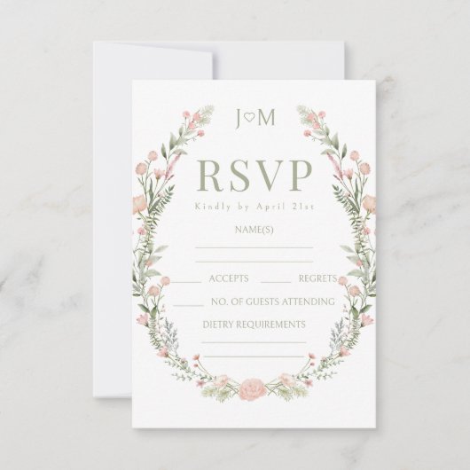 緑のピンクの野生の花のフローラ結婚式RSVPカード 出欠カード (正面)