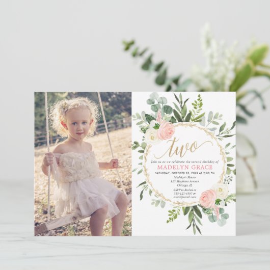 緑のピンクの金ゴールドエレガントの女の子2枚目の誕生日写真 招待状 (スタンド正面)