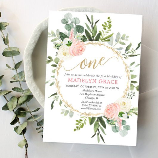 緑のピンクの金ゴールドガールエレガント1歳の誕生日 招待状