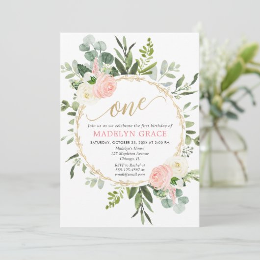 緑のピンクの金ゴールドガールエレガント1歳の誕生日 招待状 (スタンド正面)