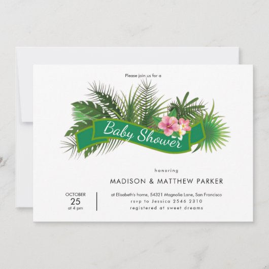 緑のピンク色の花 招待状 (正面)