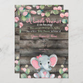 緑のピンク象の赤ちゃんシャワー招待カード 招待状 (正面/裏面)