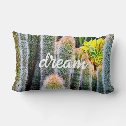 緑のファジーCactiフォトドリーム引用文スクリプトはっきりした ランバークッション (裏面)