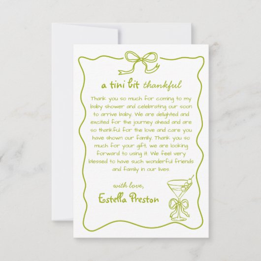 緑のファンキー汚いお洒落マルティーニ赤ちゃんシャワー サンキューカード (正面)
