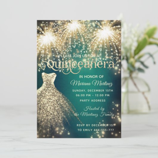 緑のファンシー花火金ゴールドの輝くドレス 招待状 (スタンド正面)