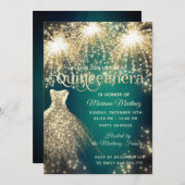 緑のファンシー花火金ゴールドの輝くドレス 招待状 (正面/裏面)