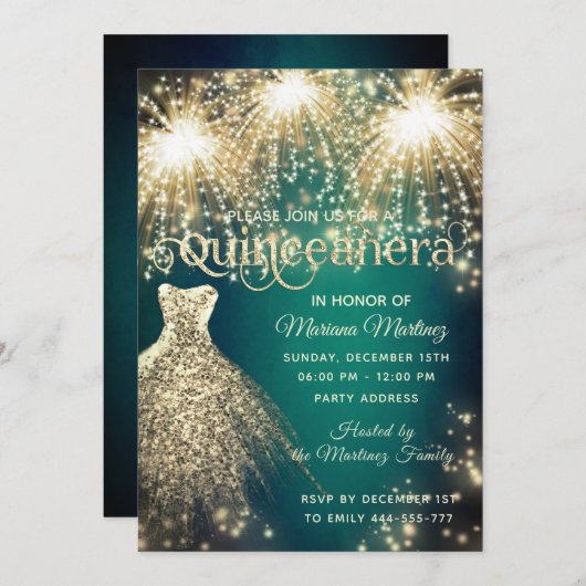 緑のファンシー花火金ゴールドの輝くドレス 招待状 (正面/裏面)