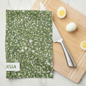 緑のフェイクグリッターテクスチャの名前をカスタムする キッチンタオル (四つ折り)