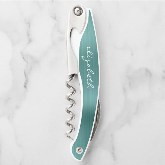 緑のフェイクブラシ付きメタルパーソナライズされたスクリプト ソムリエナイフ (正面)