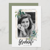緑のフェイク金ゴールドフレーム写真卒業カード サンキューカード (正面/裏面)
