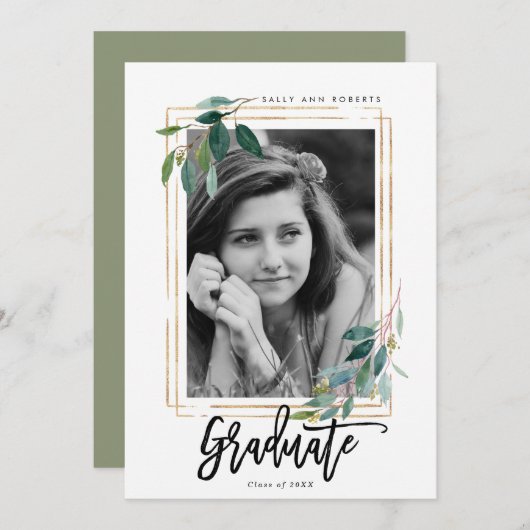 緑のフェイク金ゴールドフレーム写真卒業カード サンキューカード (正面/裏面)