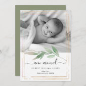 緑のフェイク金ゴールド写真新生児 サンキューカード (正面/裏面)
