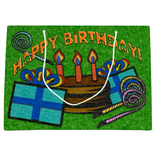 緑のフェルト板誕生日 ラージペーパーバッグ (正面)