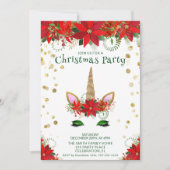 緑のフォントがパーティーにぴったりなクリスマスポインセチアユニコーン 招待状 (正面)