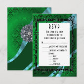 緑のフォーマルダマスク結婚ブラックR.S.V.P 出欠カード (正面/裏面)