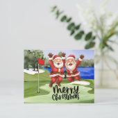 緑のフラグ付きゴルフクリスマスサンタクロース シーズンポストカード (スタンド正面)