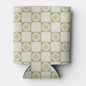 緑のフラワーチェッカーボードレトロチェック 缶クーラー (正面)