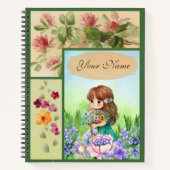 緑のフレーム春風景かわいい花の女の子 ノートブック (正面)