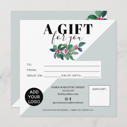 緑のフローラの冬の正方形のギフト証明書のロゴ (正面/裏面)