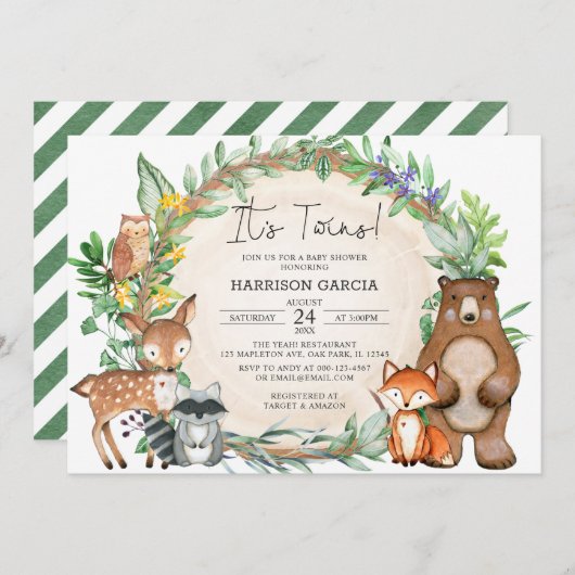 緑のフローラの森の動物が双子のベビーシャワー 招待状 (正面/裏面)