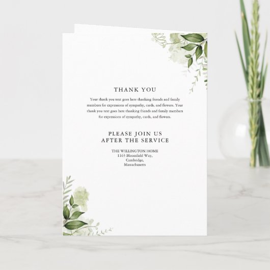 緑のフローラの葬儀の順序を折り畳んだ プログラム (裏面)