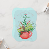 緑のフローラの赤カップクリスマスウォーター色 カード (正面/裏面インサイチュ)