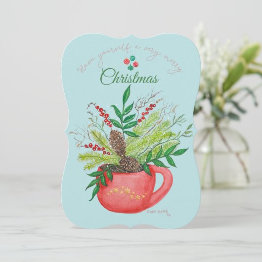 緑のフローラの赤カップクリスマスウォーター色 カード (スタンド正面)