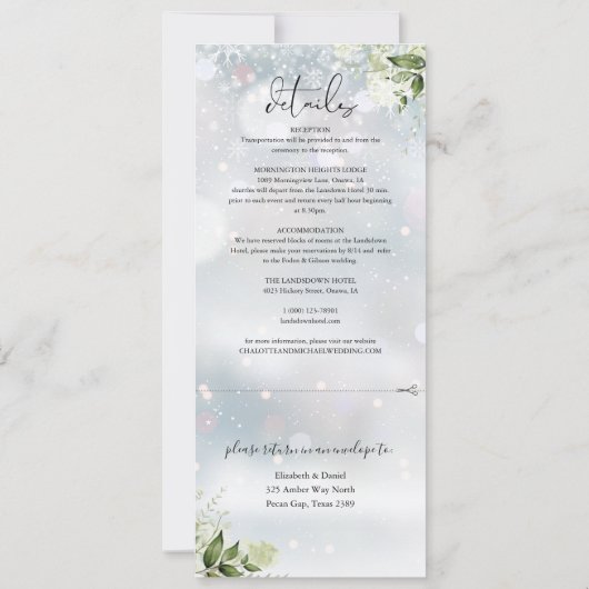 緑のフローラの雪の一冬の結婚式 招待状 (裏面)