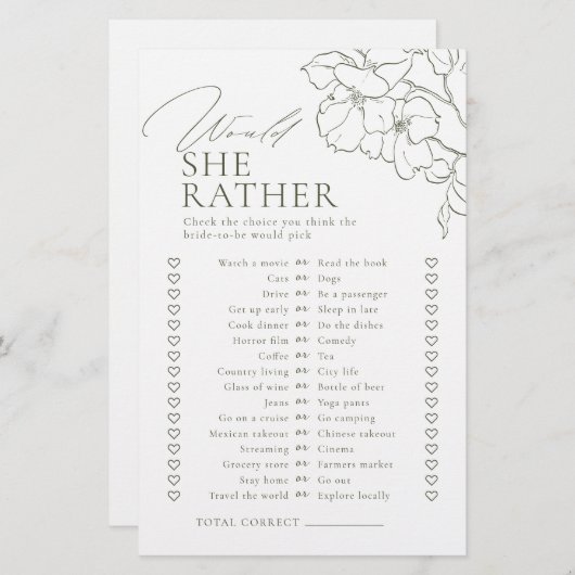 緑のフローラは彼女はむしろブライダルシャワーゲーム (正面/裏面)