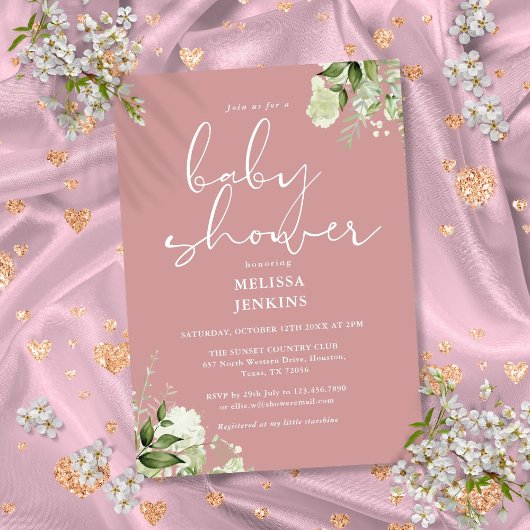 緑のフローラほこりっぽいバラガールベビーシャワー 招待状