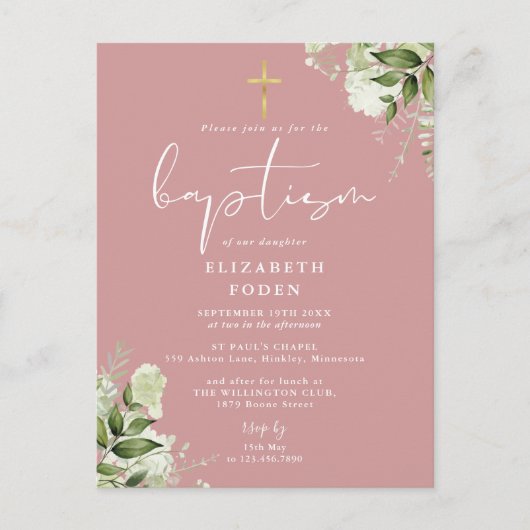 緑のフローラほこりっぽいバラピンクバプテスマ招待状 ポストカード (正面)
