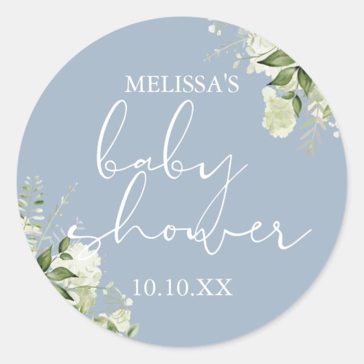 緑のフローラほこりっぽい青い男の子の赤ちゃんシャワーの好意 ラウンドシール (正面)