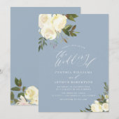 緑のフローラほこりっぽい青結婚式招待状 招待状 (正面/裏面)