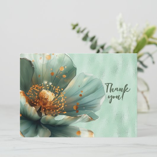 緑のフローラを拡大する光沢のある緑ありがとう サンキューカード (スタンド正面)