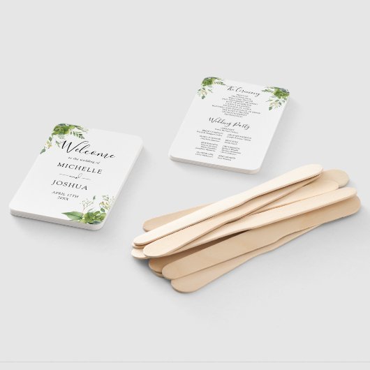 緑のフローラエレガントモダン結婚式 プログラム ハンドファン (組立なし)