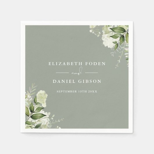 緑のフローラエレガント名Date Sage Green スタンダードカクテルナプキン (正面)