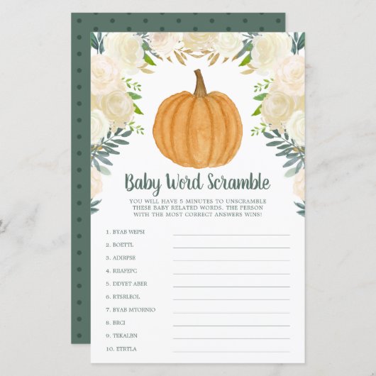 緑のフローラカボチャ秋単語スクランブルゲーム (正面/裏面)