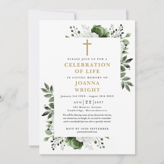 緑のフローラクリスチャンの生活葬儀お祝い 招待状 (正面)