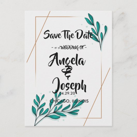 緑のフローラゴールドフォイルの葉の日付を保存 案内ポストカード (正面)