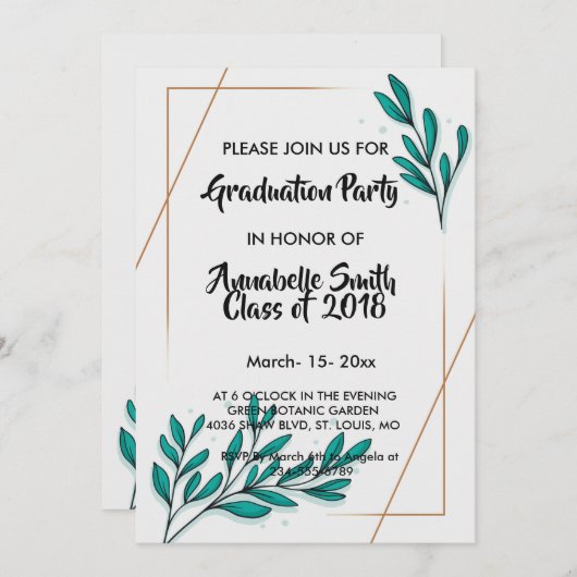 緑のフローラゴールドフォイル葉の卒業 招待状 (正面/裏面)