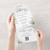 緑のフローラスクリプトハートQRコー結婚ド オールインワン招待状 (貼ってはがせる)