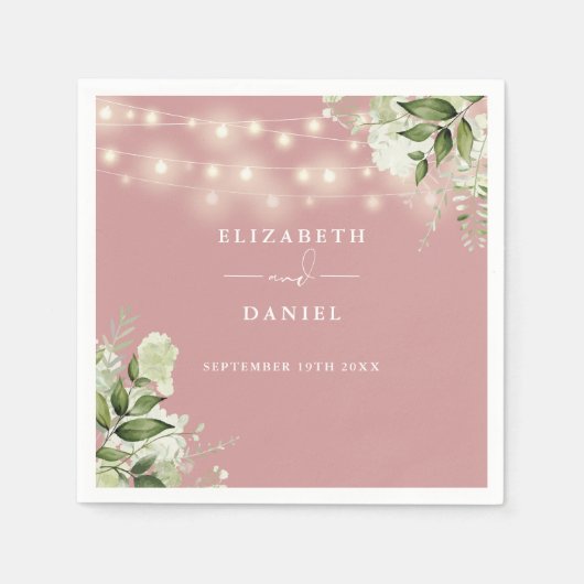 緑のフローラストリングライツダスティーバラ結婚ズ スタンダードカクテルナプキン (正面)