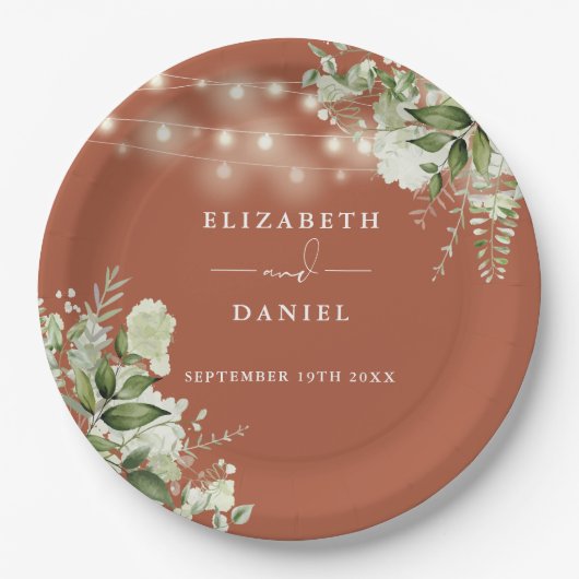 緑のフローラストリングライツテラコッタ結婚ズ ペーパープレート (正面)