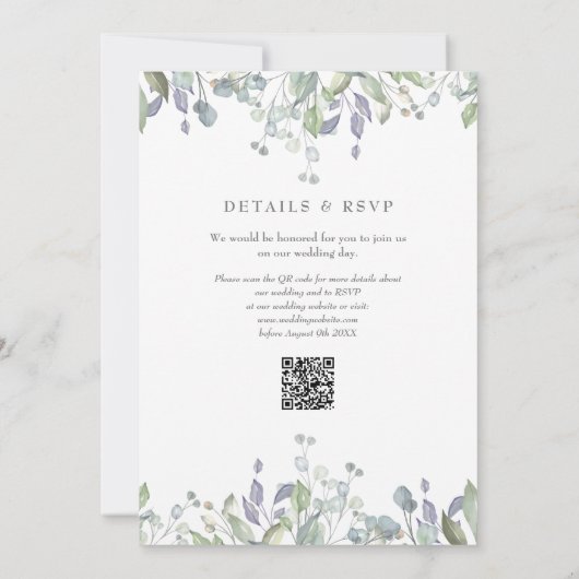 緑のフローラセージ薄紫QRコード結婚ズ 招待状 (裏面)