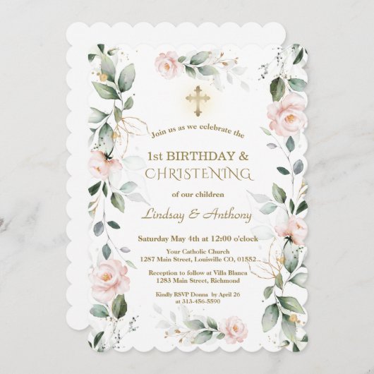 緑のフローラツインズ1st誕生日と《キリスト教》洗礼式や命名式 招待状 (正面/裏面)