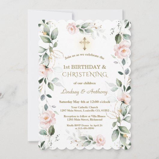 緑のフローラツインズ1st誕生日と《キリスト教》洗礼式や命名式 招待状 (正面)