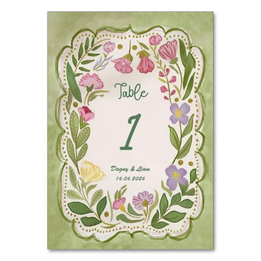 緑のフローラテーブル番号テンプレート、手書き テーブルナンバー (正面)
